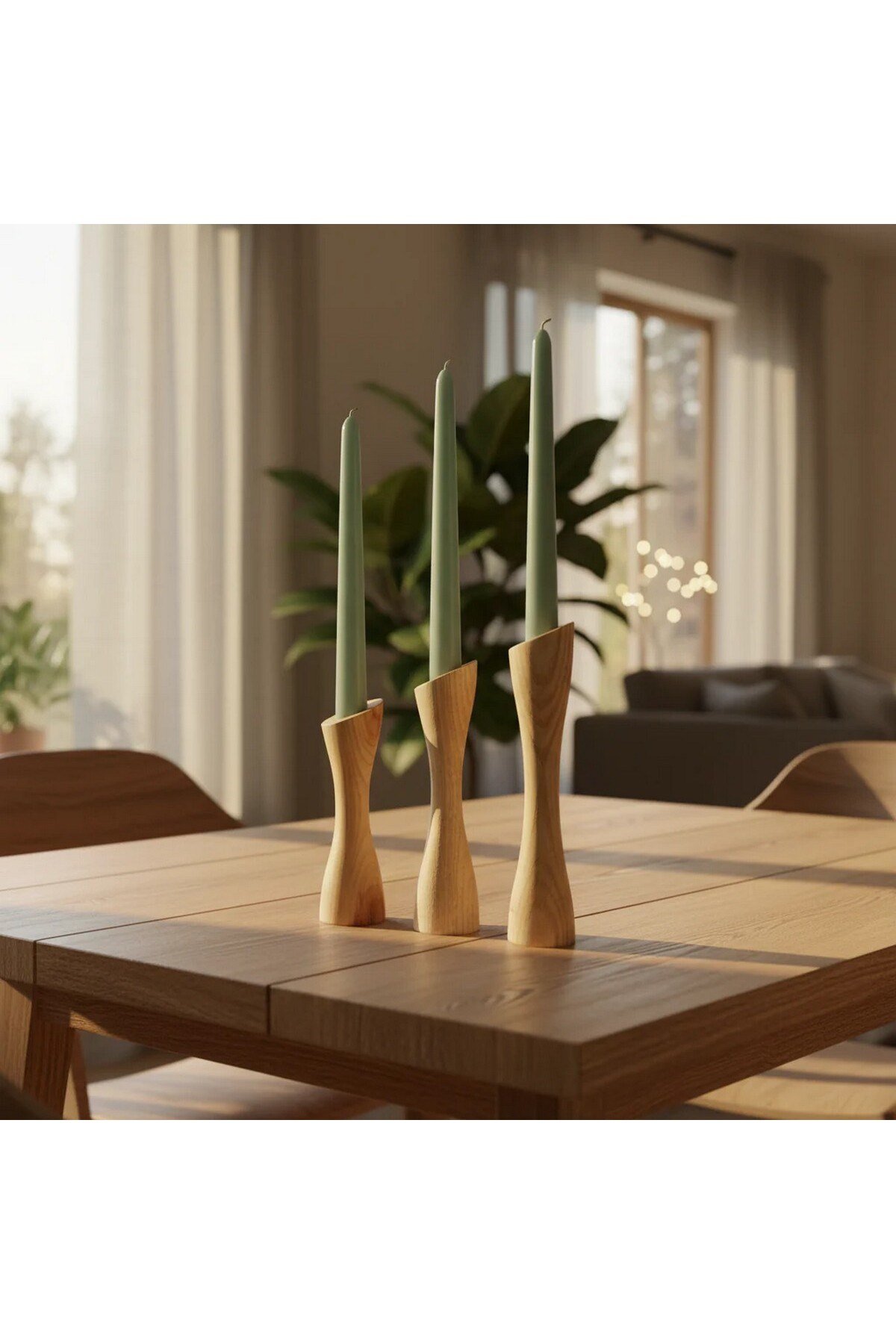 ( MUM 11 ) 3'lü El Yapımı Doğal Ahşap Vazo Şamdan Mumluk 18-14-10 cm Modern Dekoratif İskandinav Masif Mumluk