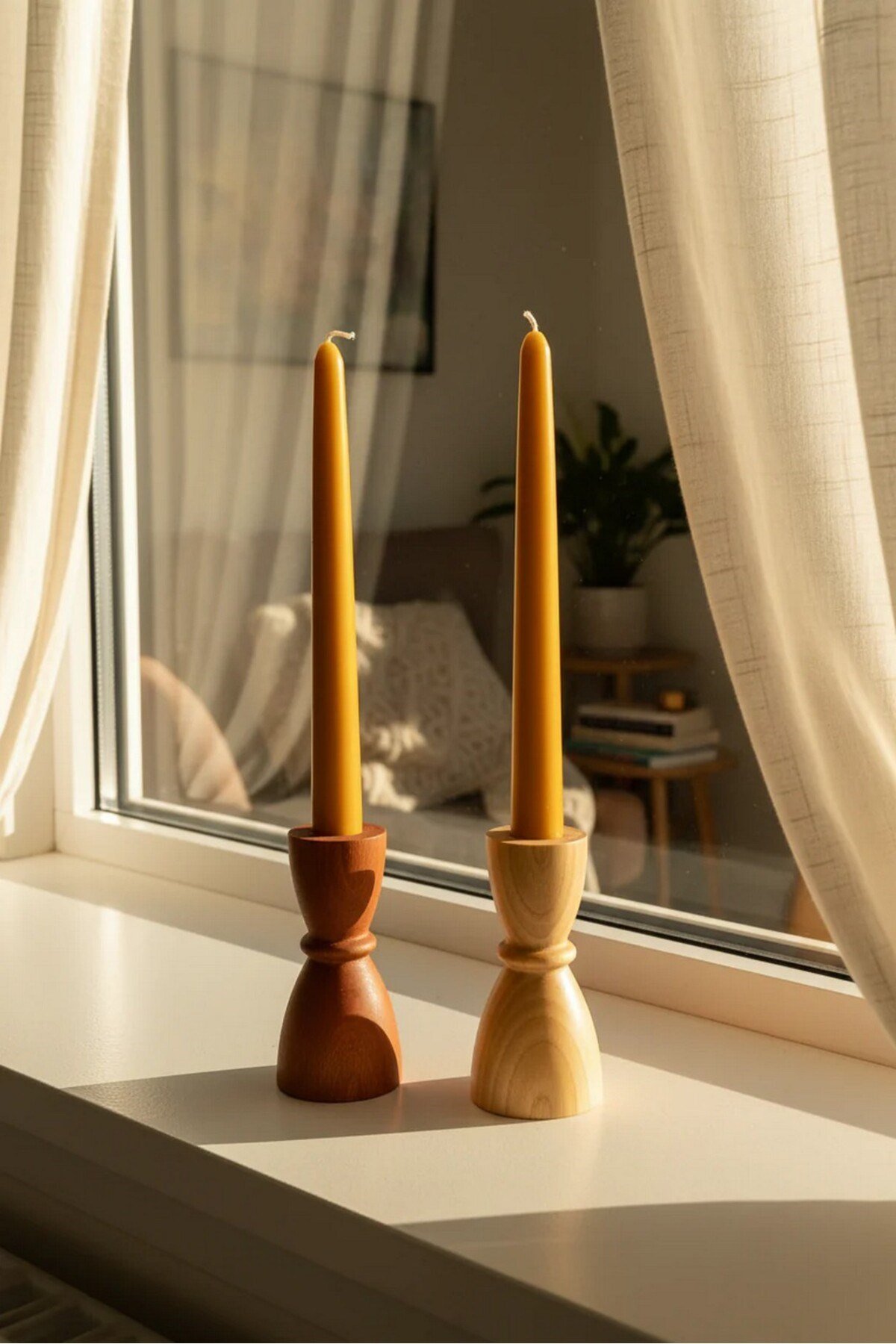 ( MUM 12 ) 2'li El Yapımı Doğal Ahşap Vazo Şamdan Mumluk 10 cm Modern Dekoratif İskandinav Masif Mumluk