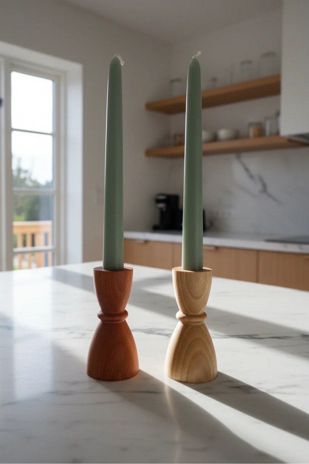 ( MUM 12 ) 2'li El Yapımı Doğal Ahşap Vazo Şamdan Mumluk 10 cm Modern Dekoratif İskandinav Masif Mumluk