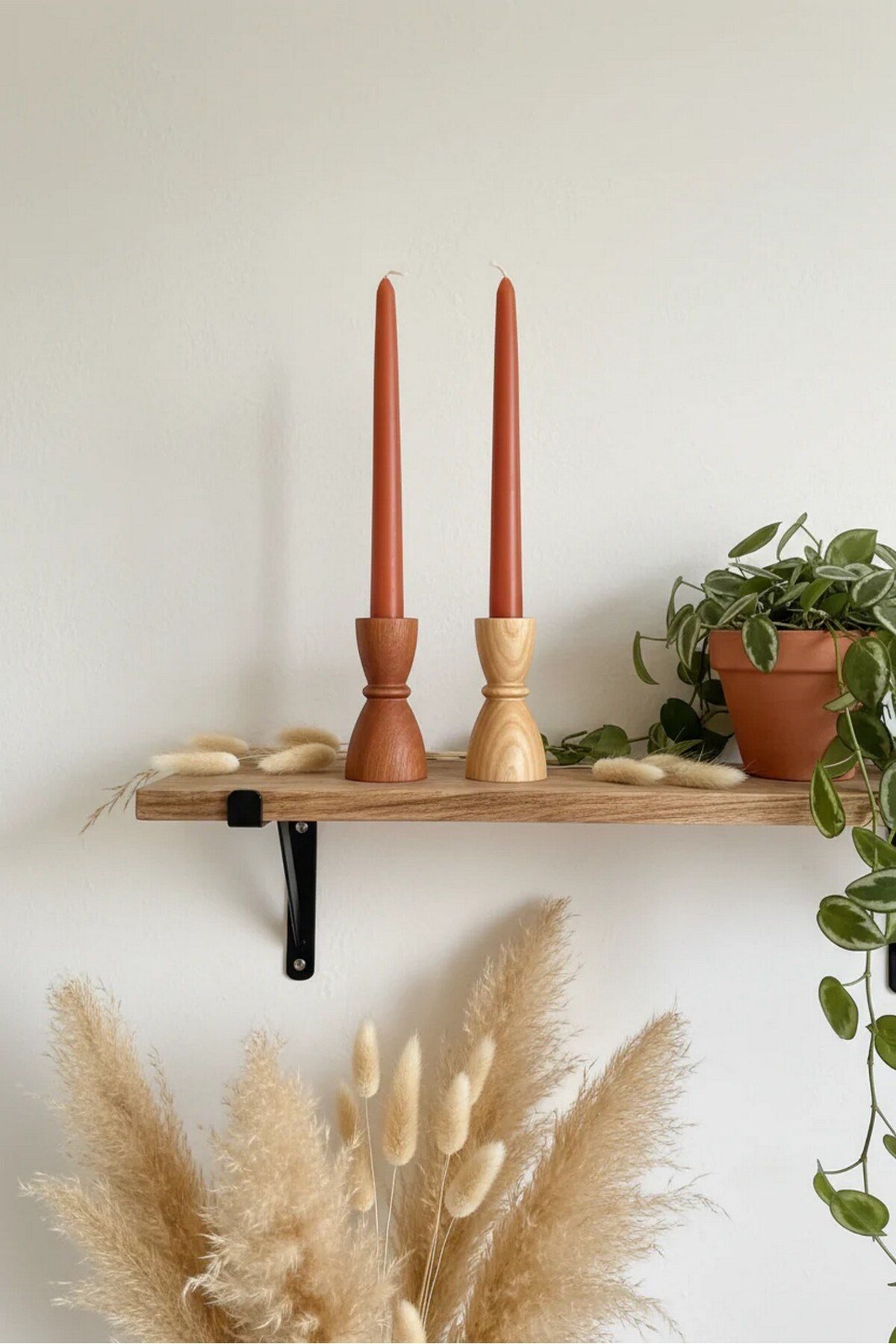 ( MUM 12 ) 2'li El Yapımı Doğal Ahşap Vazo Şamdan Mumluk 10 cm Modern Dekoratif İskandinav Masif Mumluk