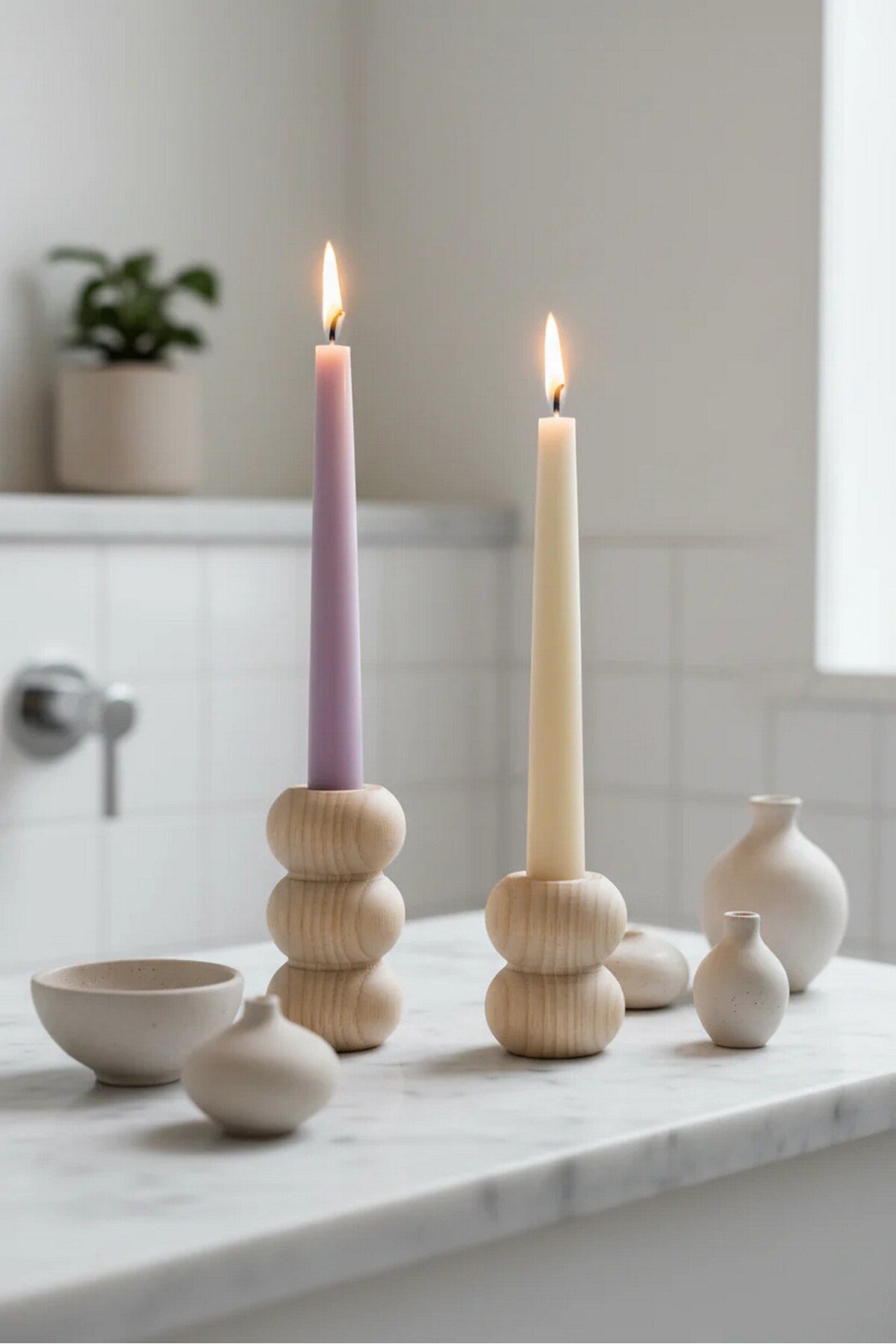 ( MUM 13 ) 2'li El Yapımı Doğal Ahşap Vazo Şamdan Mumluk 9 - 6 cm Modern Dekoratif İskandinav Masif Mumluk