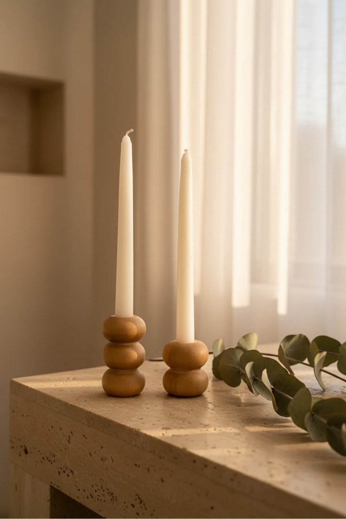 ( MUM 13 ) 2'li El Yapımı Doğal Ahşap Vazo Şamdan Mumluk 9 - 6 cm Modern Dekoratif İskandinav Masif Mumluk