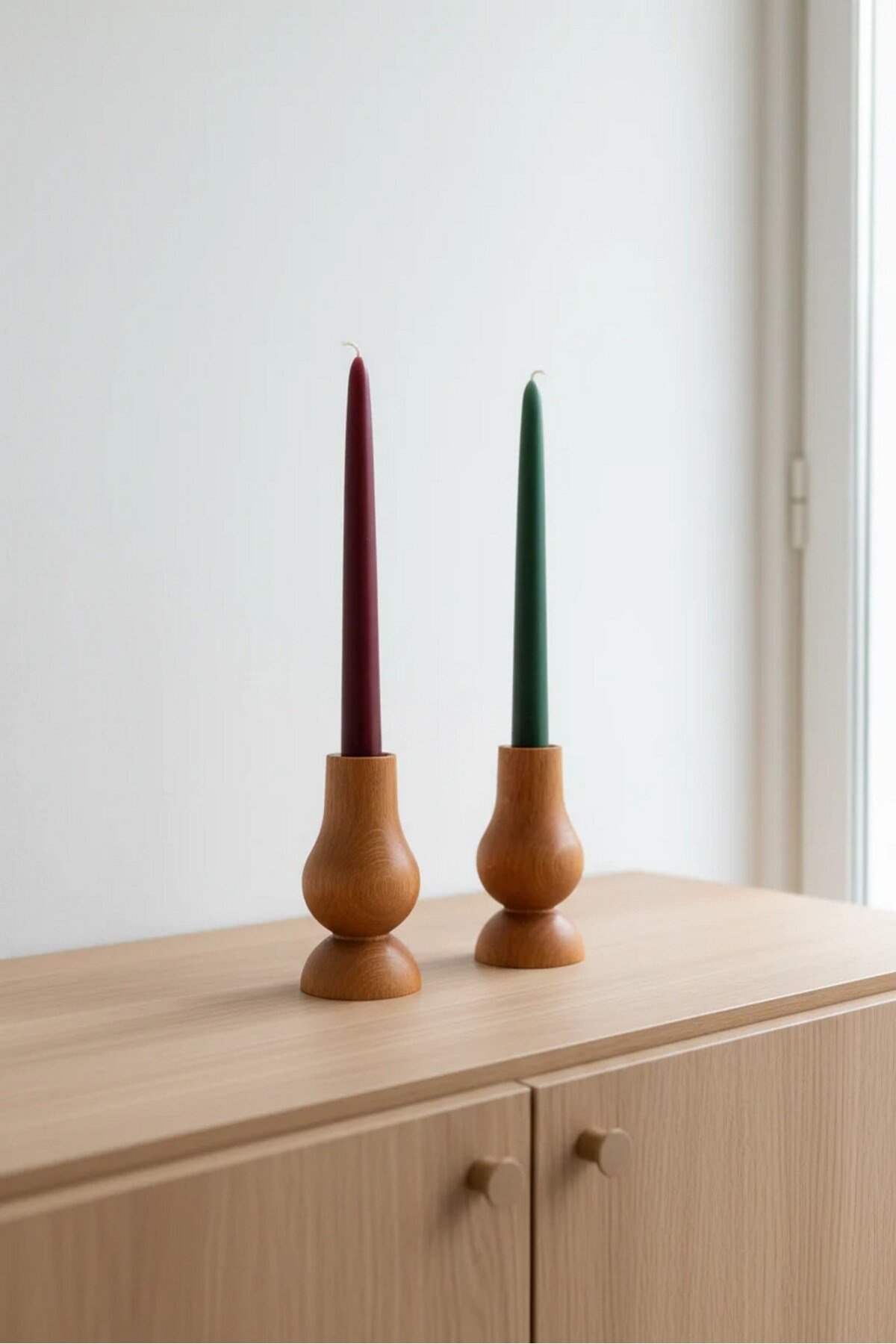 ( MUM 15 ) 2'li El Yapımı Doğal Ahşap Vazo Şamdan Mumluk 10 cm Modern Dekoratif İskandinav Masif Mumluk