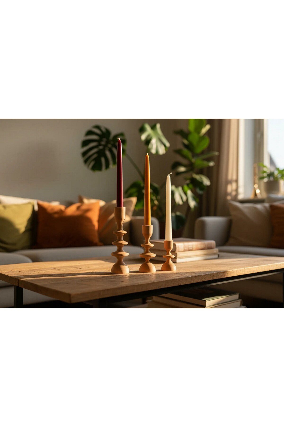 ( MUM 16 ) 3'lü El Yapımı Doğal Ahşap Vazo Şamdan Mumluk 18x14x10 cm Modern Dekoratif İskandinav Masif Mumluk