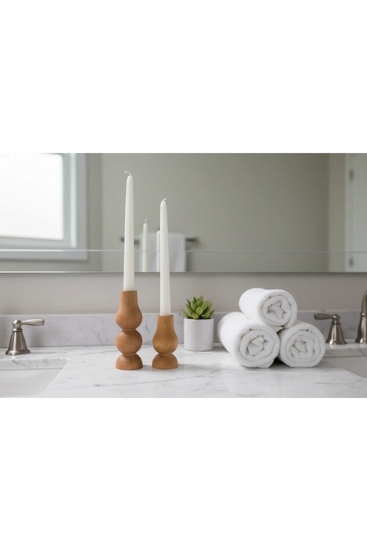( MUM 2 ) 2'li El Yapımı Doğal Ahşap Vazo Şamdan Mumluk 10 cm Modern Dekoratif İskandinav Masif Mumluk