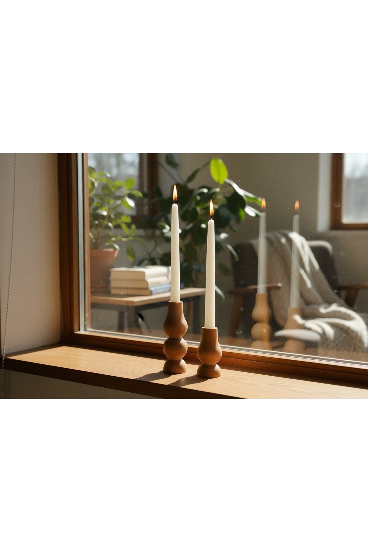 ( MUM 2 ) 2'li El Yapımı Doğal Ahşap Vazo Şamdan Mumluk 10 cm Modern Dekoratif İskandinav Masif Mumluk