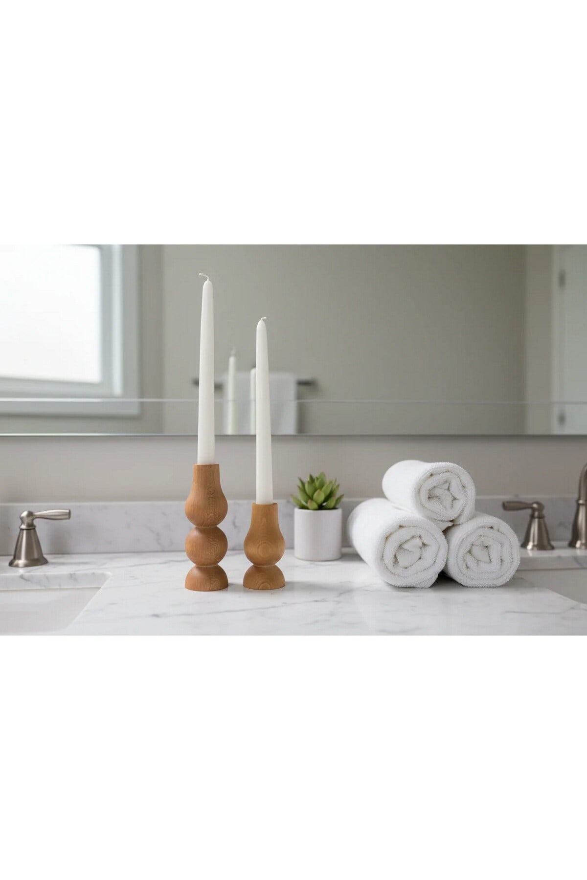 ( MUM 2 ) 2'li El Yapımı Doğal Ahşap Vazo Şamdan Mumluk 10 cm Modern Dekoratif İskandinav Masif Mumluk