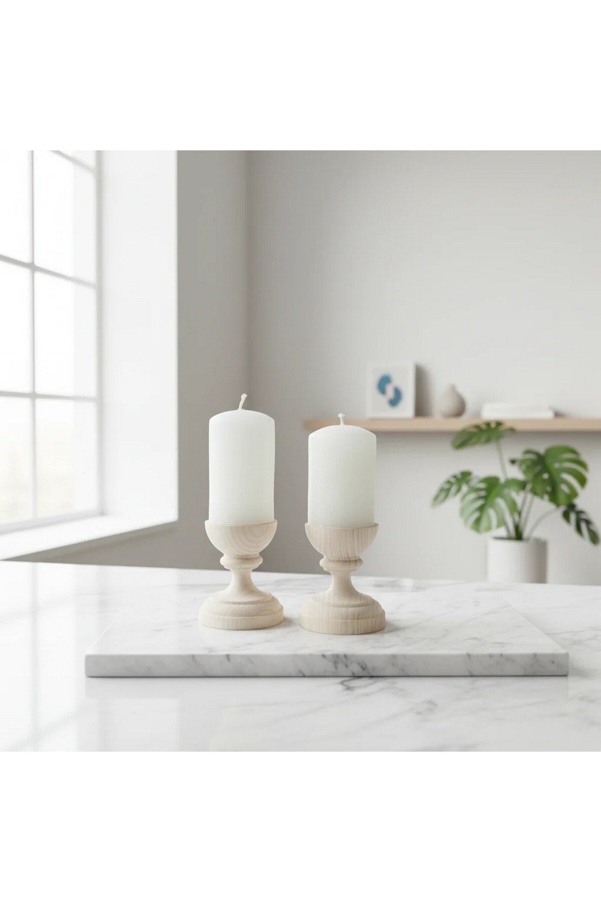 ( MUM 20 ) 2'li El Yapımı Doğal Ahşap Vazo Şamdan Mumluk 8 cm Modern Dekoratif İskandinav Masif Mumluk