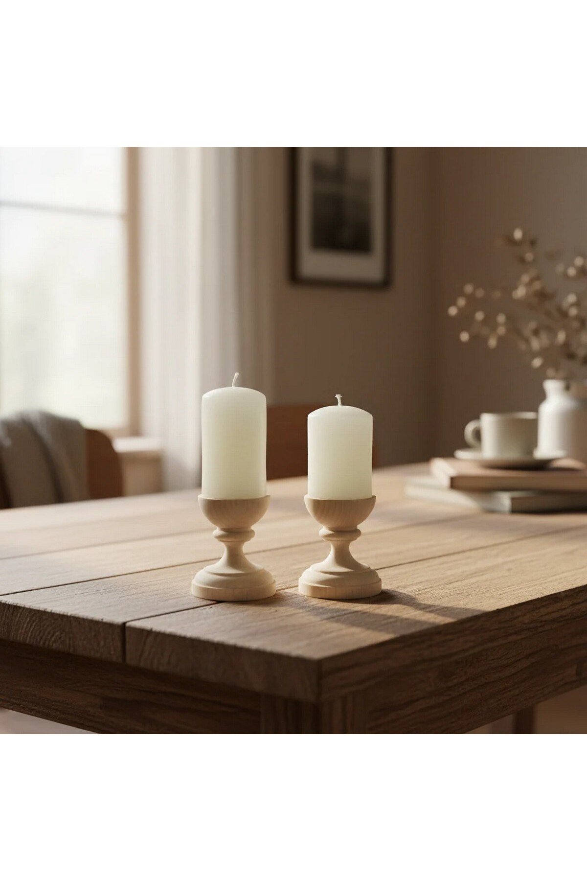 ( MUM 20 ) 2'li El Yapımı Doğal Ahşap Vazo Şamdan Mumluk 8 cm Modern Dekoratif İskandinav Masif Mumluk