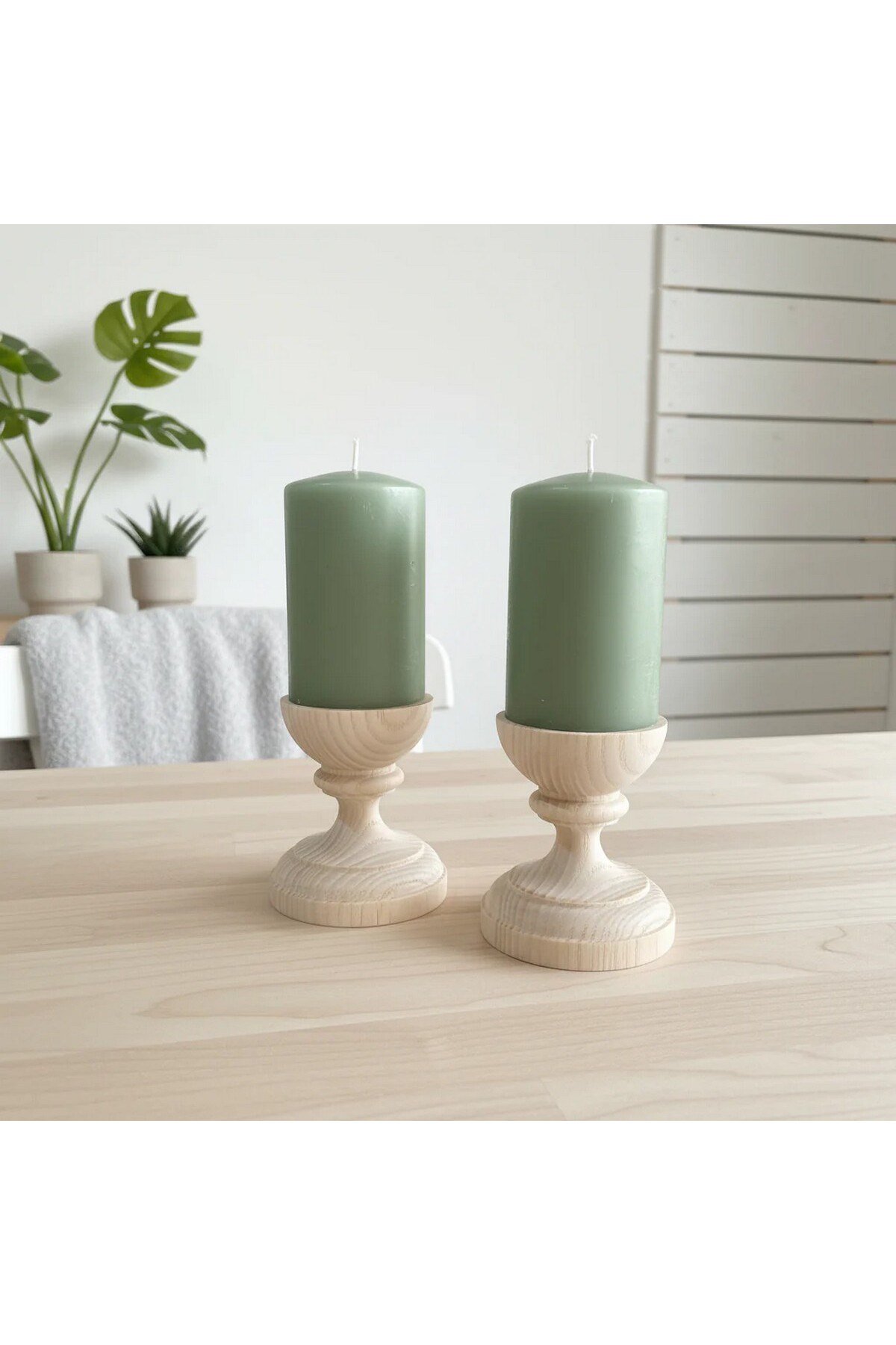 ( MUM 20 ) 2'li El Yapımı Doğal Ahşap Vazo Şamdan Mumluk 8 cm Modern Dekoratif İskandinav Masif Mumluk