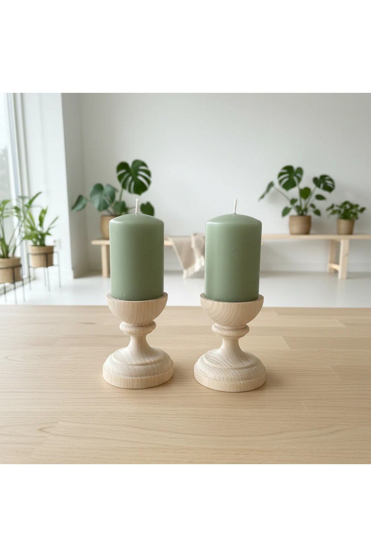 ( MUM 20 ) 2'li El Yapımı Doğal Ahşap Vazo Şamdan Mumluk 8 cm Modern Dekoratif İskandinav Masif Mumluk