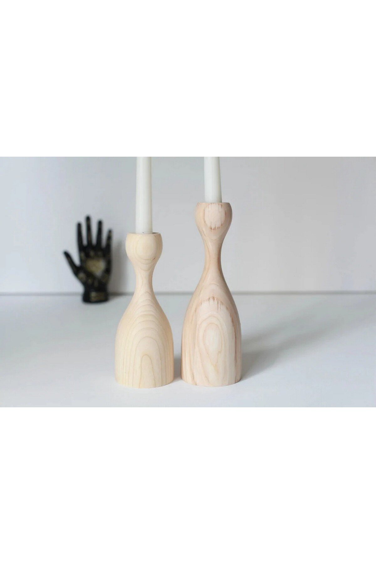 ( MUM 22 ) 2'li El Yapımı Doğal Ahşap Vazo Şamdan Mumluk 14 cm Modern Dekoratif İskandinav Masif Mumluk