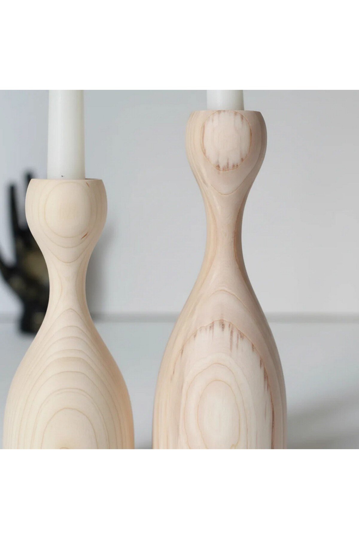 ( MUM 22 ) 2'li El Yapımı Doğal Ahşap Vazo Şamdan Mumluk 14 cm Modern Dekoratif İskandinav Masif Mumluk