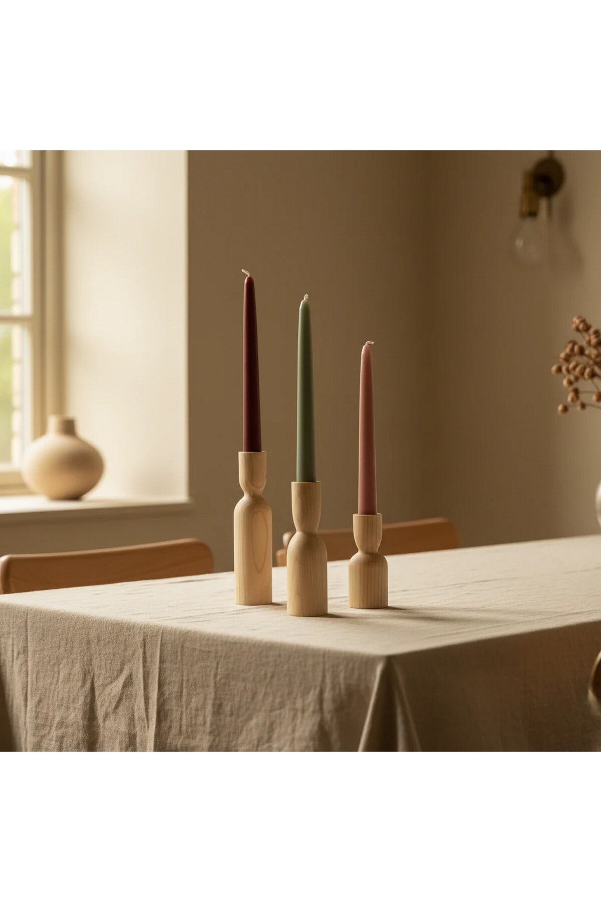 ( MUM 5 ) 3'lü El Yapımı Doğal Ahşap Vazo Şamdan Mumluk 18-14-10 cm Modern Dekoratif İskandinav Masif Mumluk