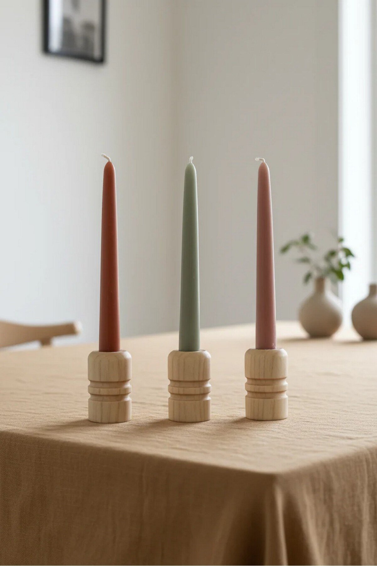 ( MUM 6 ) 3'lü El Yapımı Doğal Ahşap Vazo Şamdan Mumluk 7 cm Modern Dekoratif İskandinav Masif Mumluk