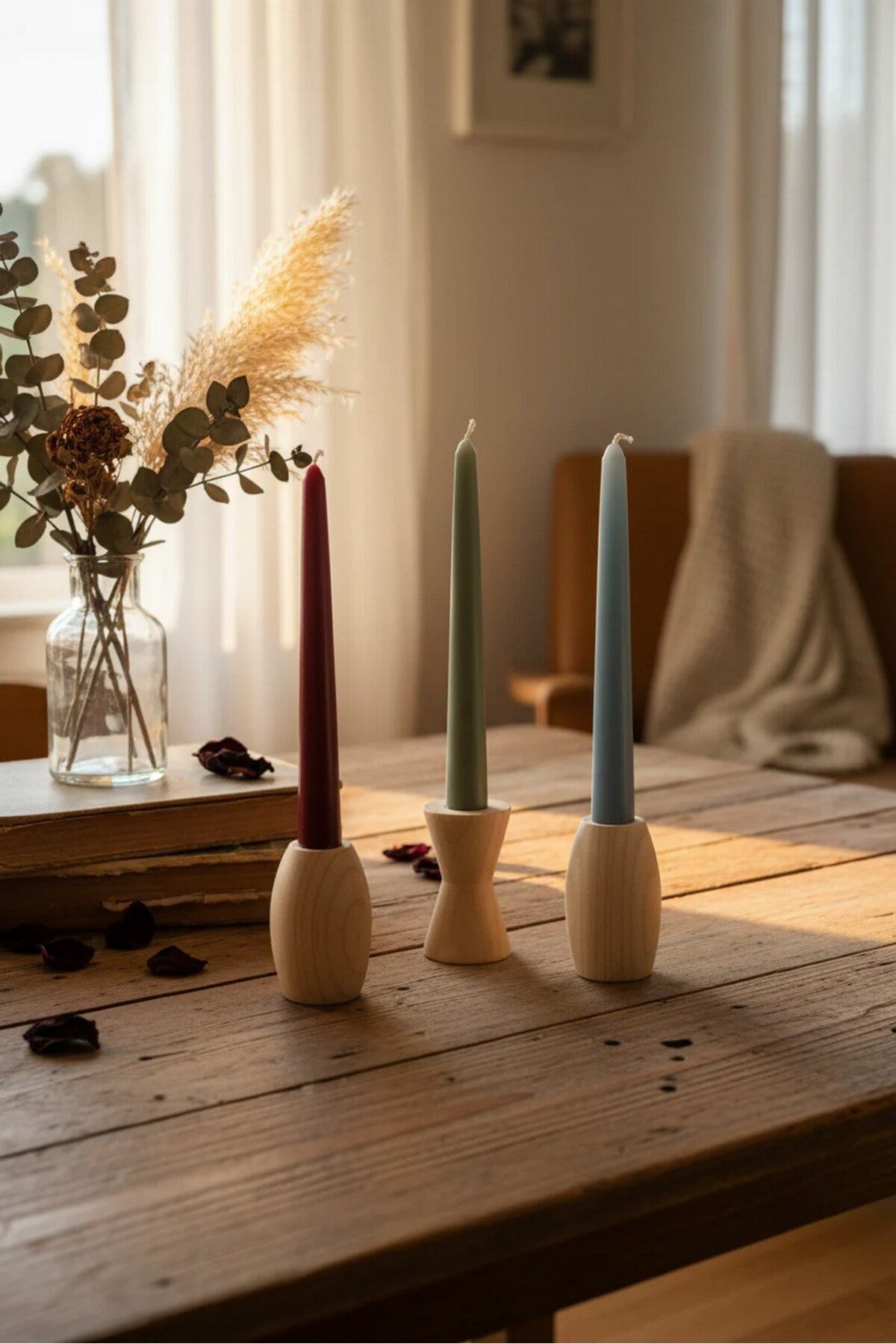( MUM 7 ) 3' lü El Yapımı Doğal Ahşap Vazo Şamdan Mumluk 8 cm Modern Dekoratif İskandinav Masif Mumluk