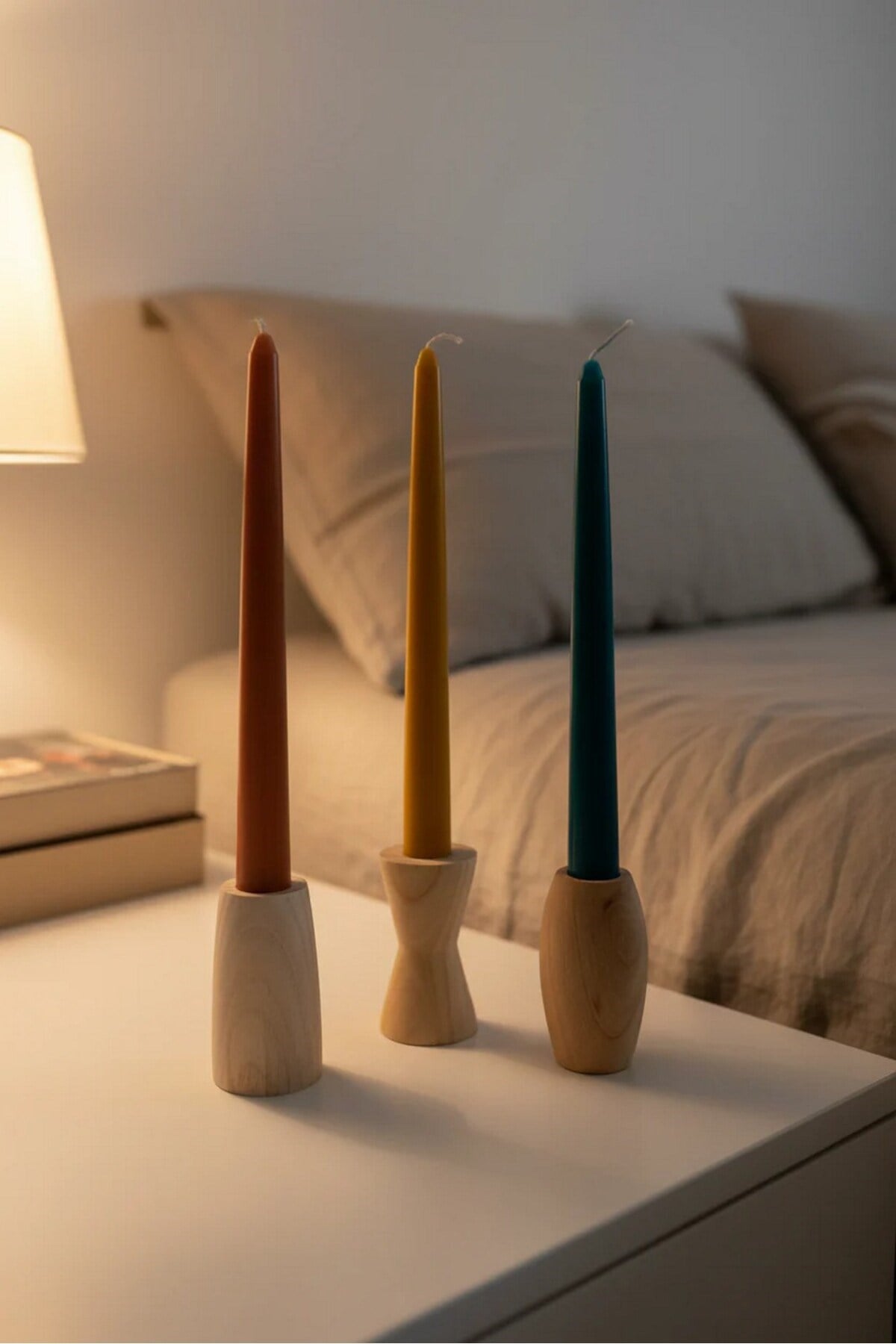 ( MUM 7 ) 3' lü El Yapımı Doğal Ahşap Vazo Şamdan Mumluk 8 cm Modern Dekoratif İskandinav Masif Mumluk