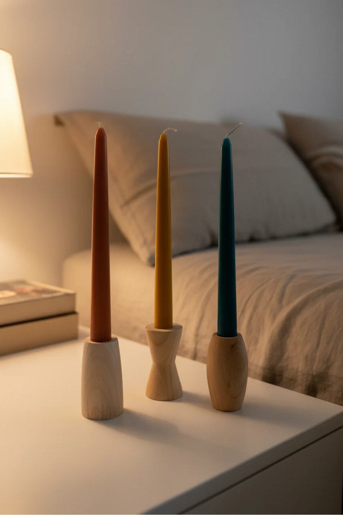 ( MUM 7 ) 3' lü El Yapımı Doğal Ahşap Vazo Şamdan Mumluk 8 cm Modern Dekoratif İskandinav Masif Mumluk