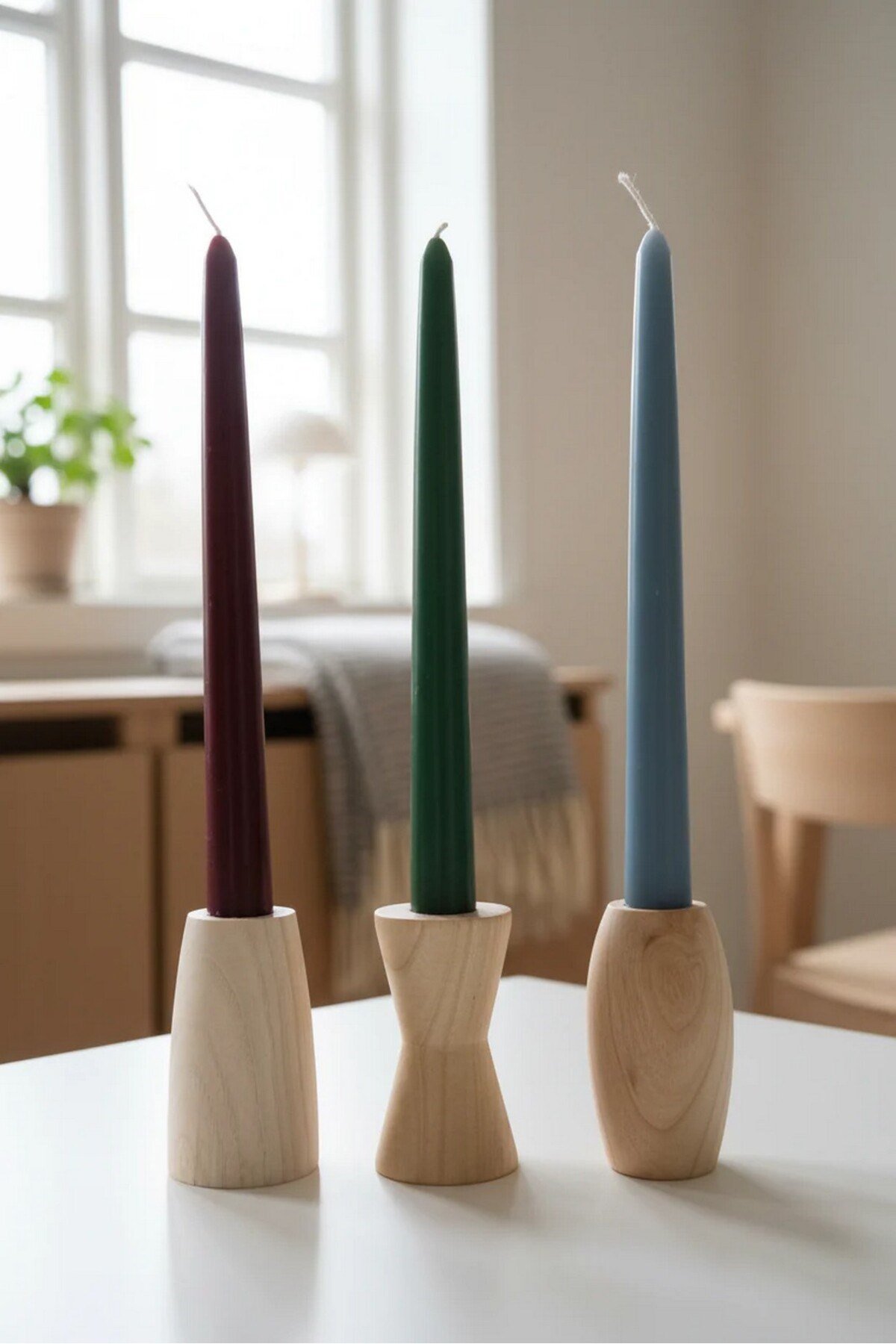 ( MUM 7 ) 3' lü El Yapımı Doğal Ahşap Vazo Şamdan Mumluk 8 cm Modern Dekoratif İskandinav Masif Mumluk
