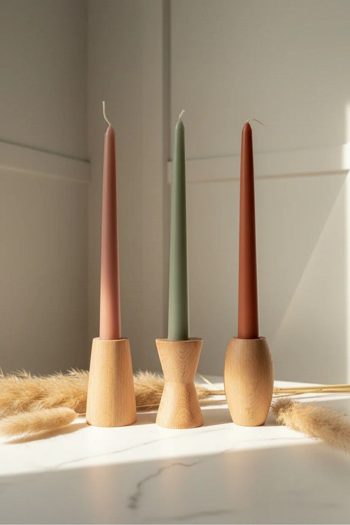 ( MUM 8 ) 3'lü El Yapımı Doğal Ahşap Vazo Şamdan Mumluk 8 cm Modern Dekoratif İskandinav Masif Mumluk