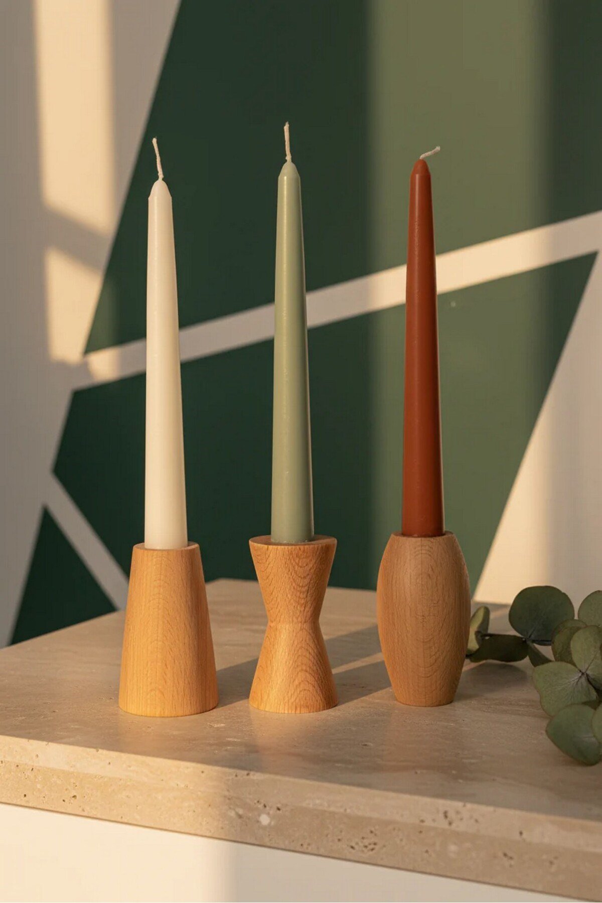 ( MUM 8 ) 3'lü El Yapımı Doğal Ahşap Vazo Şamdan Mumluk 8 cm Modern Dekoratif İskandinav Masif Mumluk