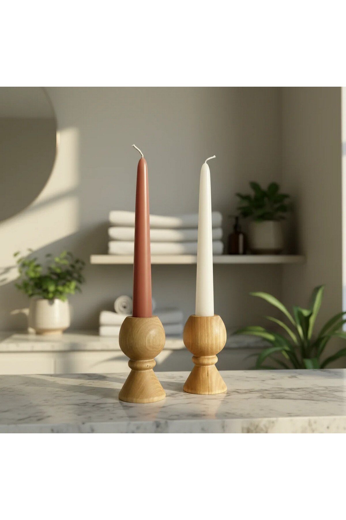 ( MUM 9 ) 2'li El Yapımı Doğal Ahşap Vazo Şamdan Mumluk 9 cm Modern Dekoratif İskandinav Masif Mumluk