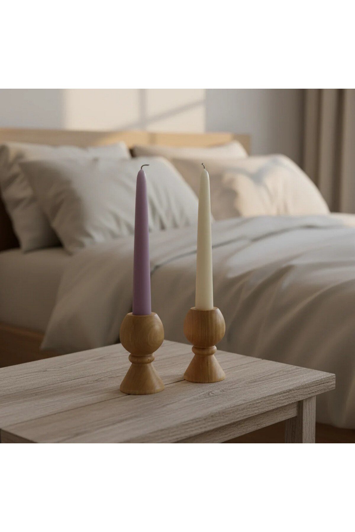 ( MUM 9 ) 2'li El Yapımı Doğal Ahşap Vazo Şamdan Mumluk 9 cm Modern Dekoratif İskandinav Masif Mumluk