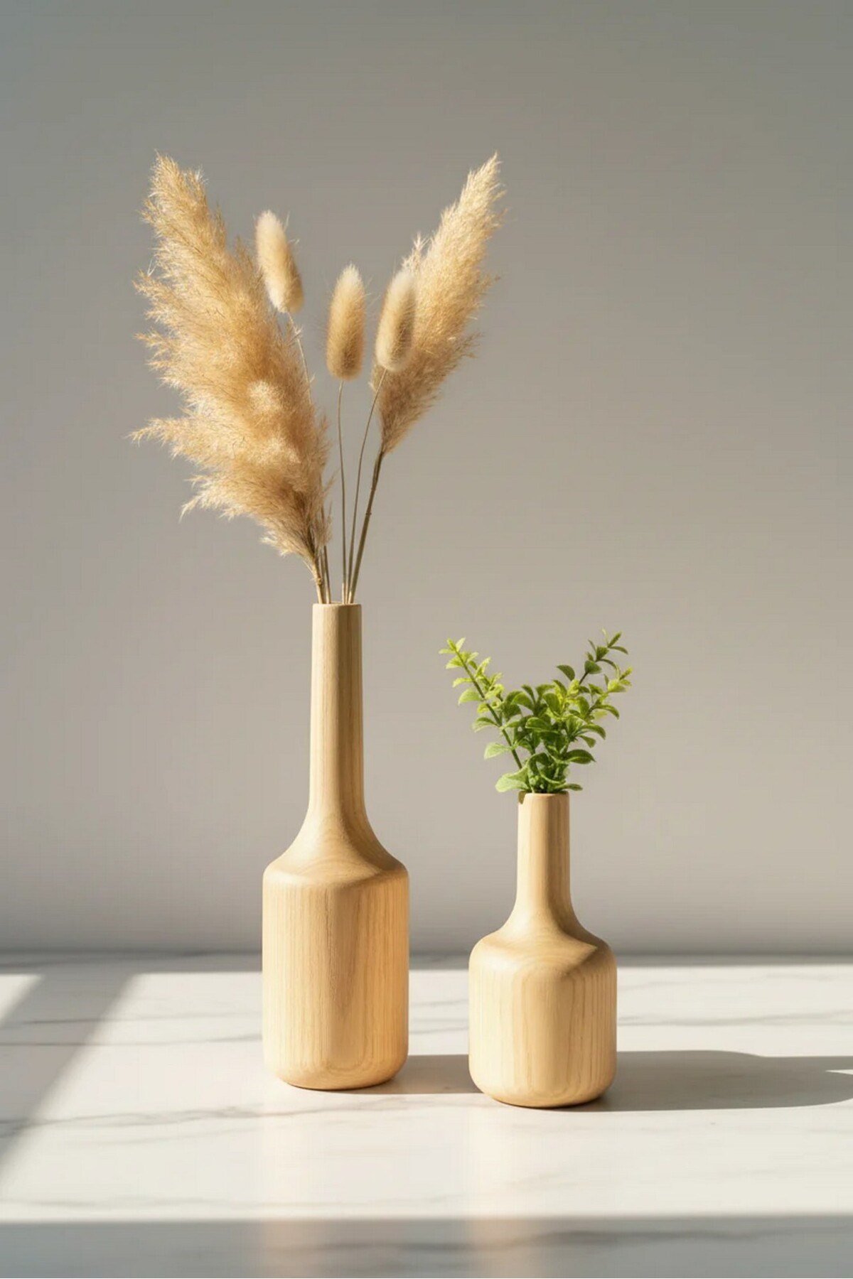 ( VZ 3 ) 2'li El Yapımı Doğal Ahşap Vazo Şamdan Mumluk 25x16 cm Modern Dekoratif İskandinav Masif Mumluk
