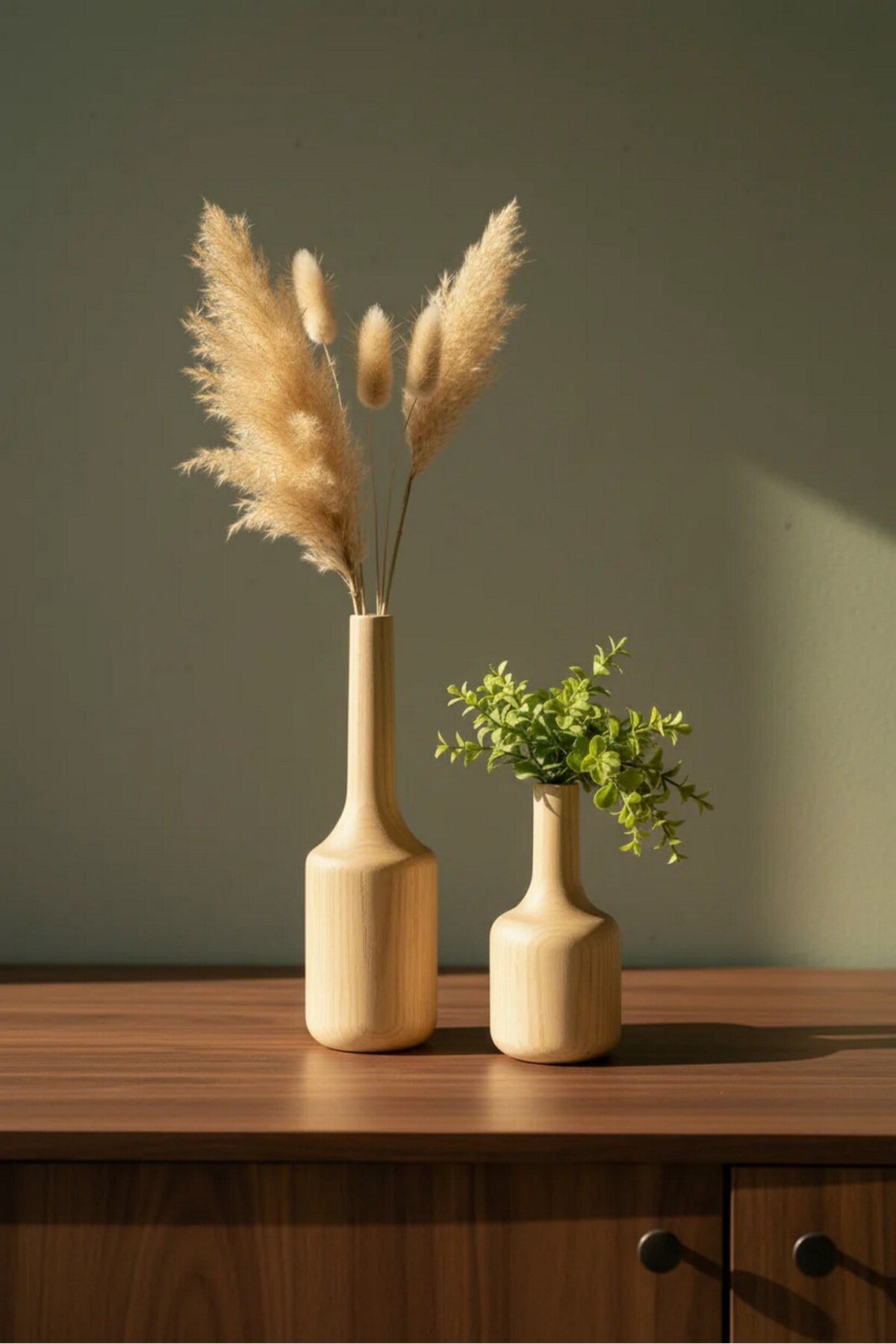 ( VZ 3 ) 2'li El Yapımı Doğal Ahşap Vazo Şamdan Mumluk 25x16 cm Modern Dekoratif İskandinav Masif Mumluk