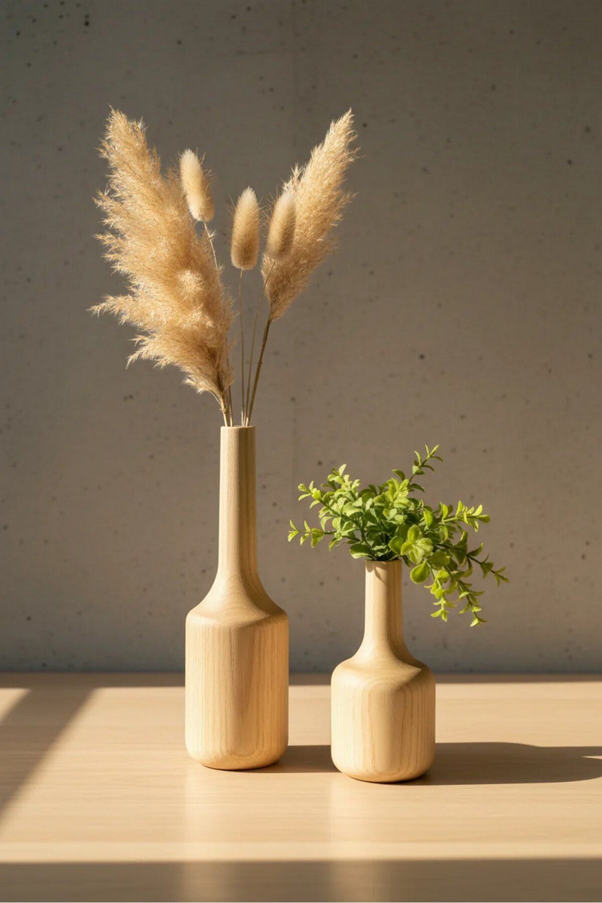 ( VZ 3 ) 2'li El Yapımı Doğal Ahşap Vazo Şamdan Mumluk 25x16 cm Modern Dekoratif İskandinav Masif Mumluk