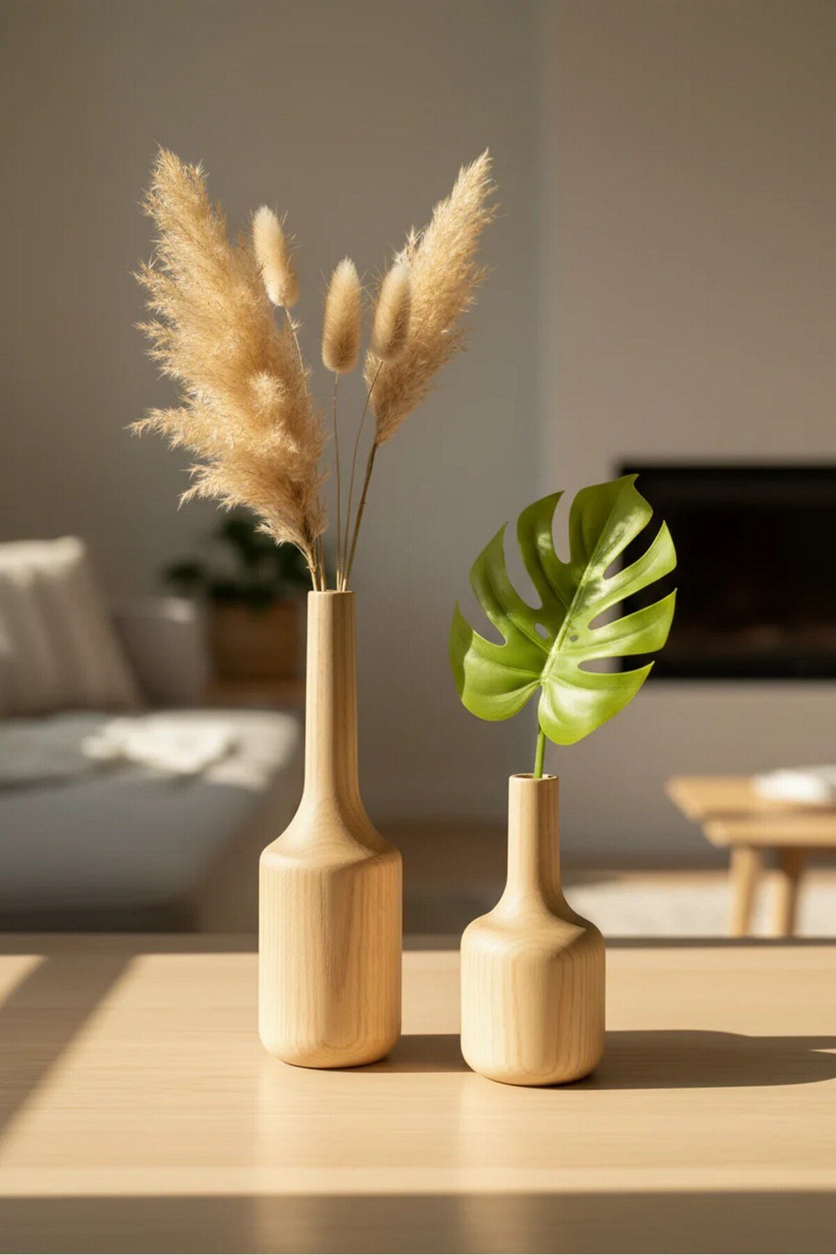 ( VZ 3 ) 2'li El Yapımı Doğal Ahşap Vazo Şamdan Mumluk 25x16 cm Modern Dekoratif İskandinav Masif Mumluk