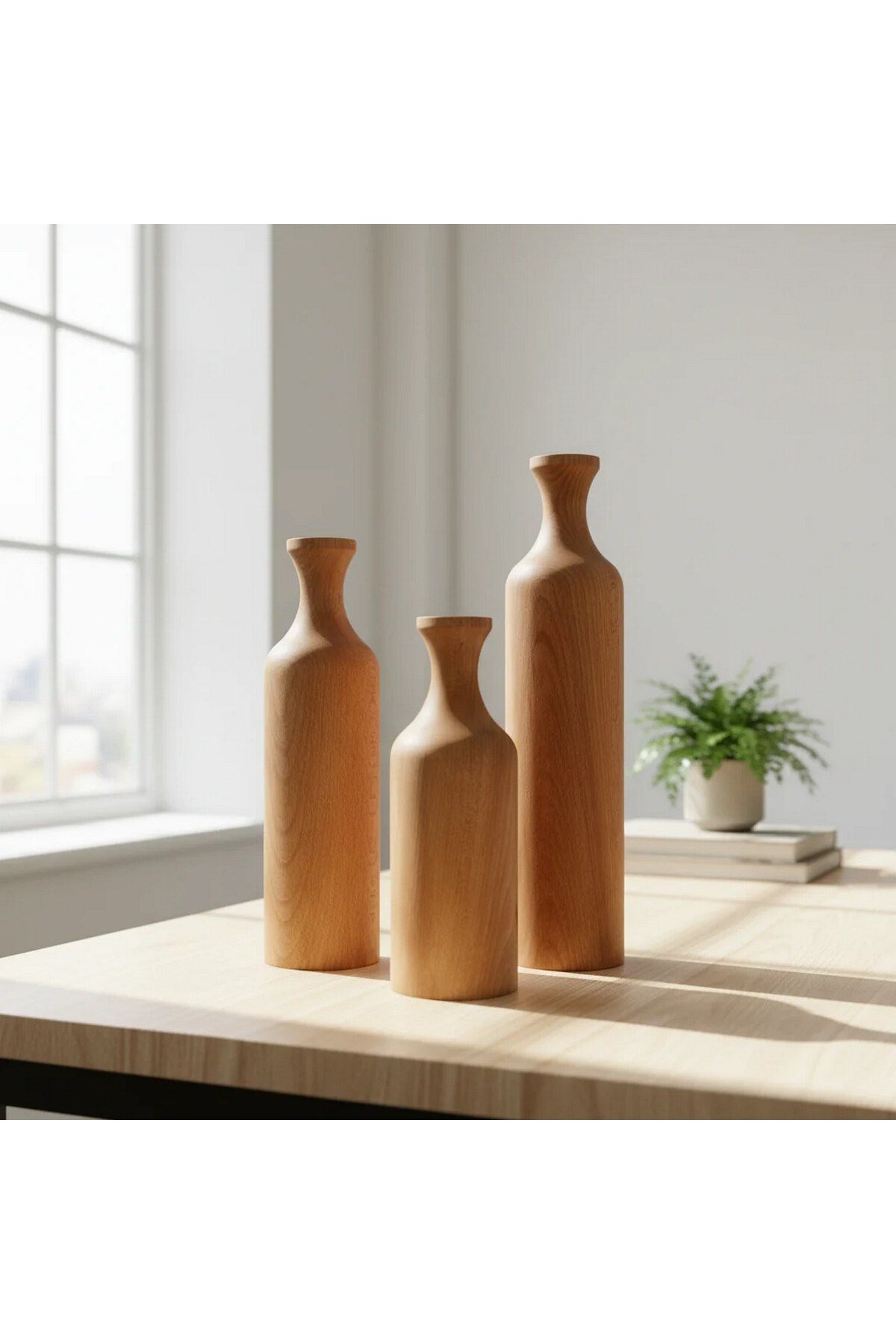 ( VZ 4 ) 3'lü El Yapımı Doğal Ahşap Vazo Şamdan Mumluk 30x25x20 cm Modern Dekoratif İskandinav Masif Mumluk