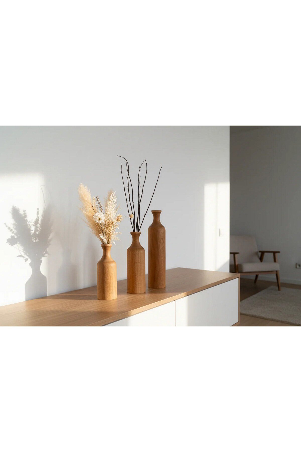( VZ 4 ) 3'lü El Yapımı Doğal Ahşap Vazo Şamdan Mumluk 30x25x20 cm Modern Dekoratif İskandinav Masif Mumluk