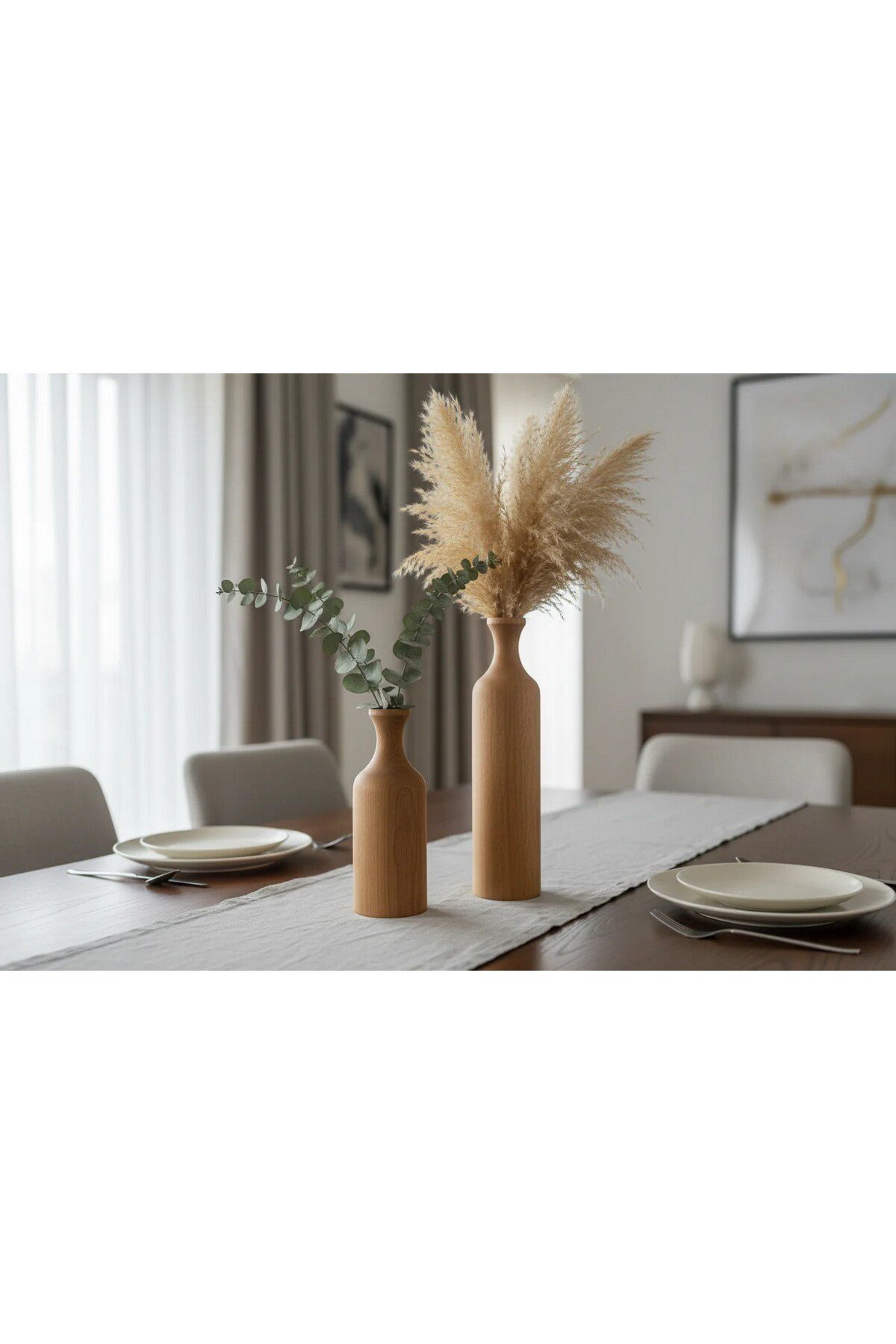 ( VZ 4 ) 3'lü El Yapımı Doğal Ahşap Vazo Şamdan Mumluk 30x25x20 cm Modern Dekoratif İskandinav Masif Mumluk