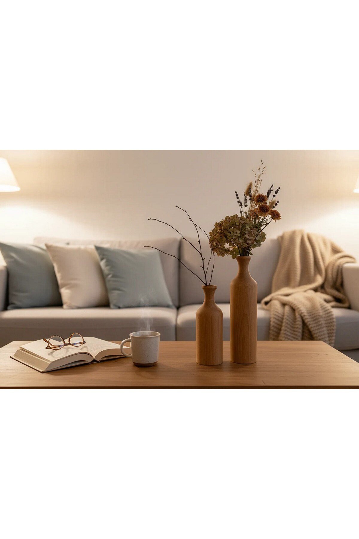 ( VZ 4 ) 3'lü El Yapımı Doğal Ahşap Vazo Şamdan Mumluk 30x25x20 cm Modern Dekoratif İskandinav Masif Mumluk