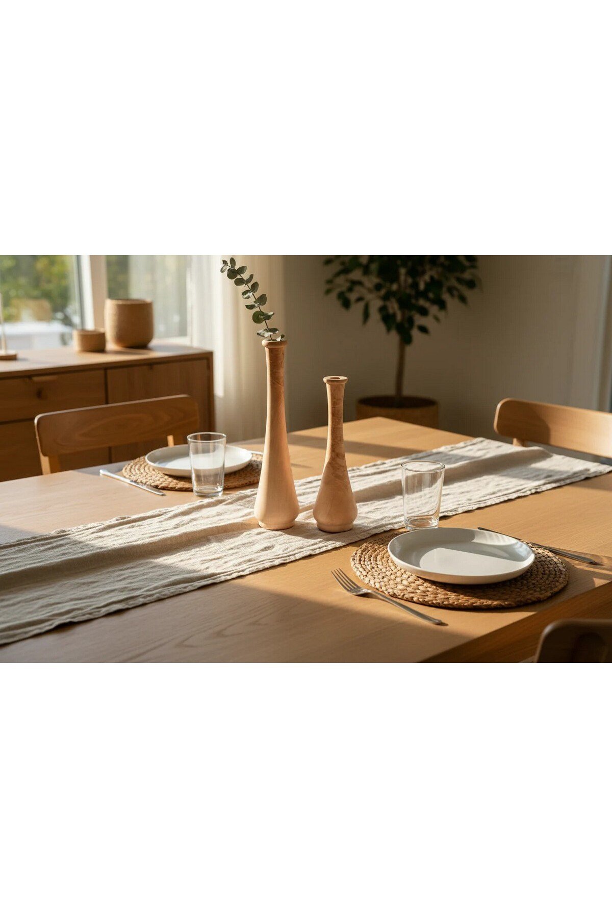 ( VZ 5 ) 2'li El Yapımı Doğal Ahşap Vazo Şamdan Mumluk 30x25 cm Modern Dekoratif İskandinav Masif Mumluk