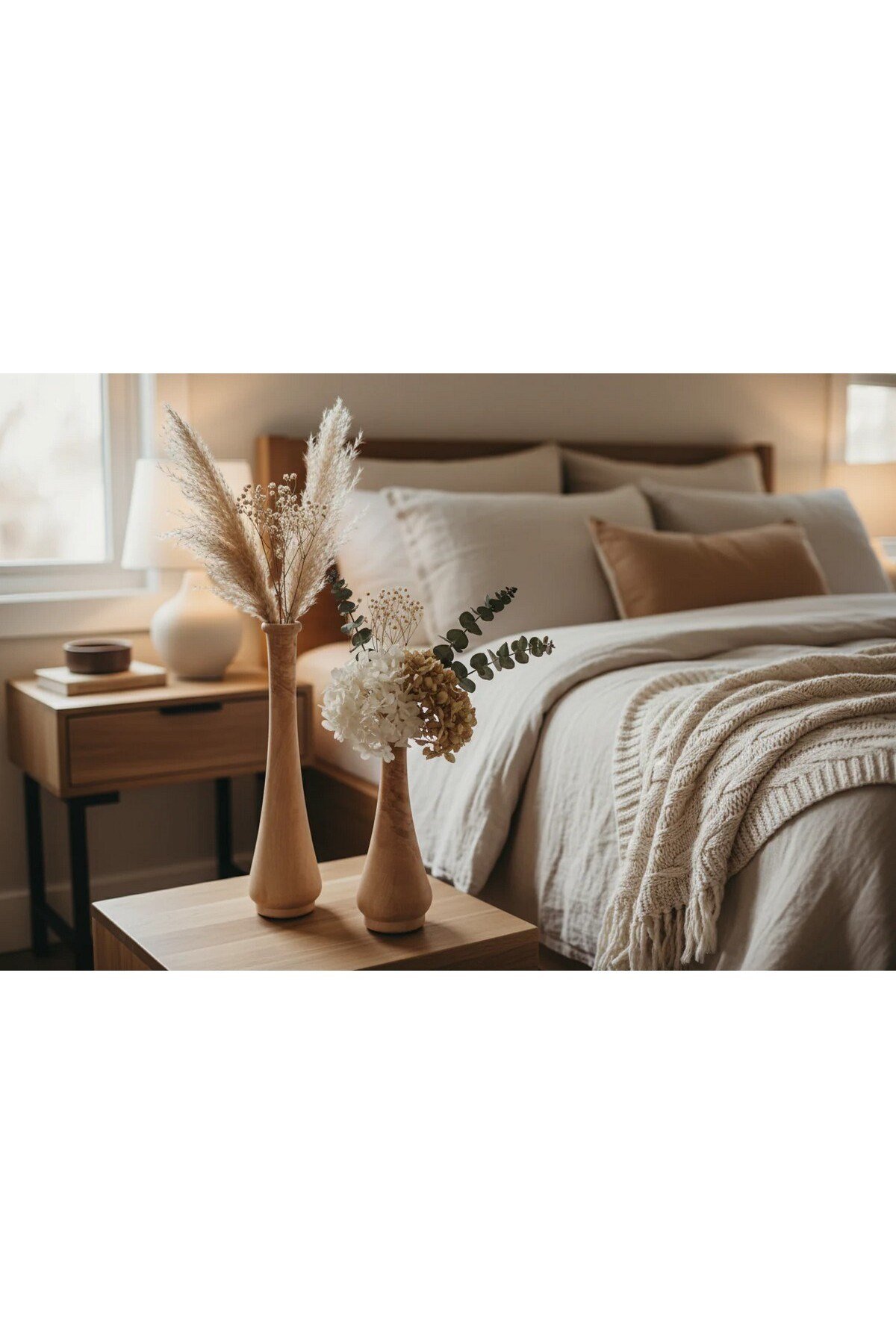 ( VZ 5 ) 2'li El Yapımı Doğal Ahşap Vazo Şamdan Mumluk 30x25 cm Modern Dekoratif İskandinav Masif Mumluk