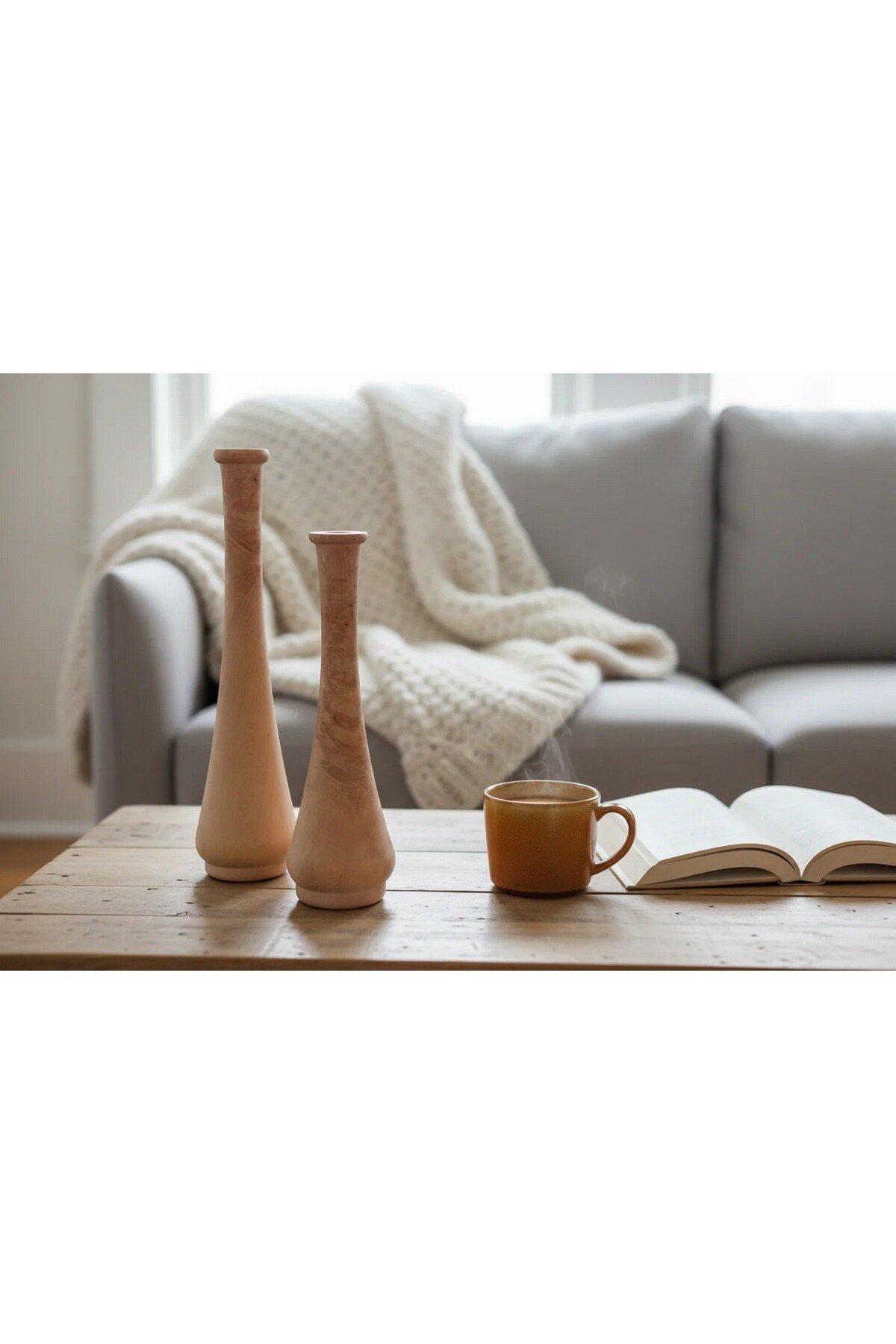 ( VZ 5 ) 2'li El Yapımı Doğal Ahşap Vazo Şamdan Mumluk 30x25 cm Modern Dekoratif İskandinav Masif Mumluk