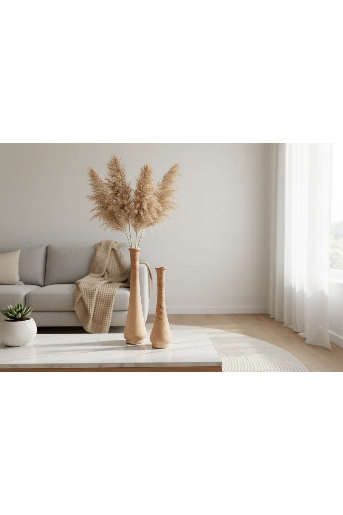 ( VZ 5 ) 2'li El Yapımı Doğal Ahşap Vazo Şamdan Mumluk 30x25 cm Modern Dekoratif İskandinav Masif Mumluk