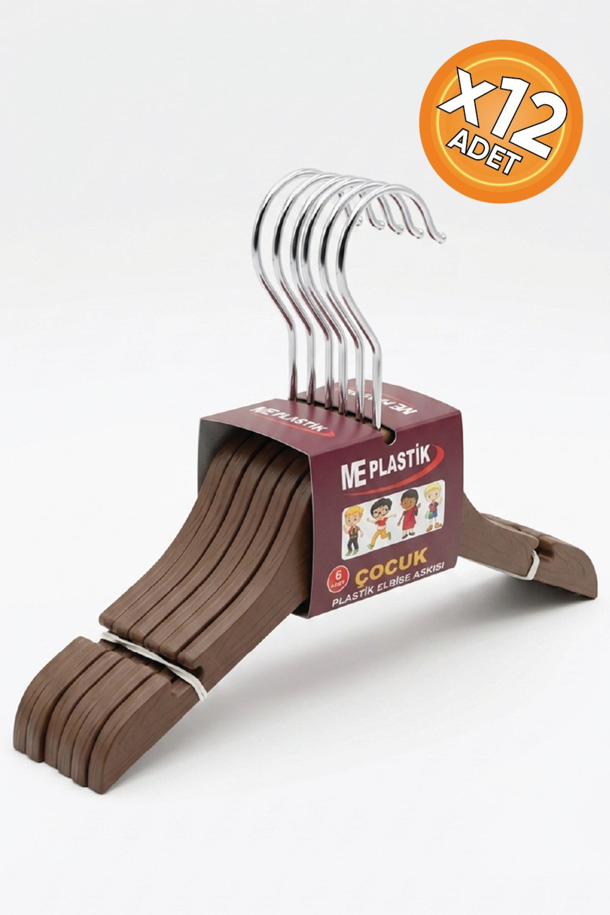 12 Adet Kahverengi Çocuk Askı Ahşap Görünümlü Plastik A Kalite Çocuk Askı Seti