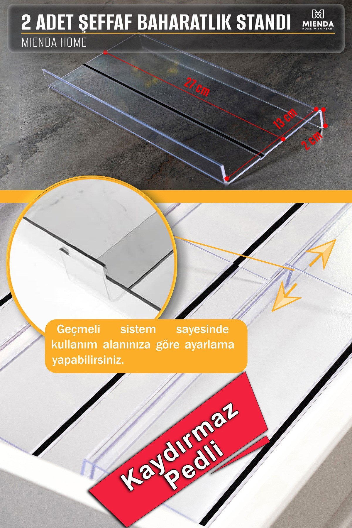 2 ADET Kaydırmaz Pedli Şeffaf Baharatlık Standı - 27x13 Cm Ebatlı Düzenleyici Organizer - Mhydkplx2