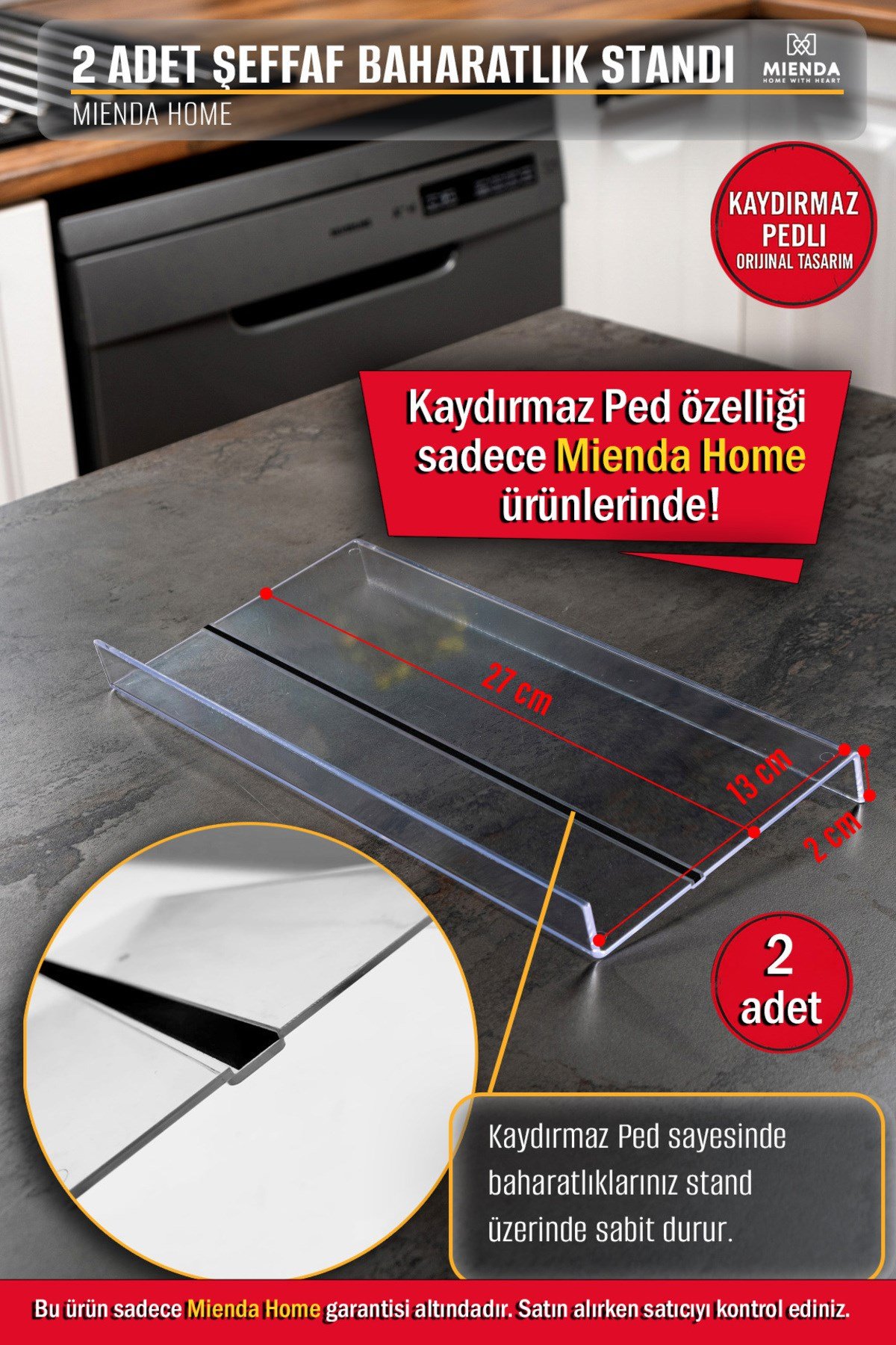 2 ADET Kaydırmaz Pedli Şeffaf Baharatlık Standı - 27x13 Cm Ebatlı Düzenleyici Organizer - Mhydkplx2