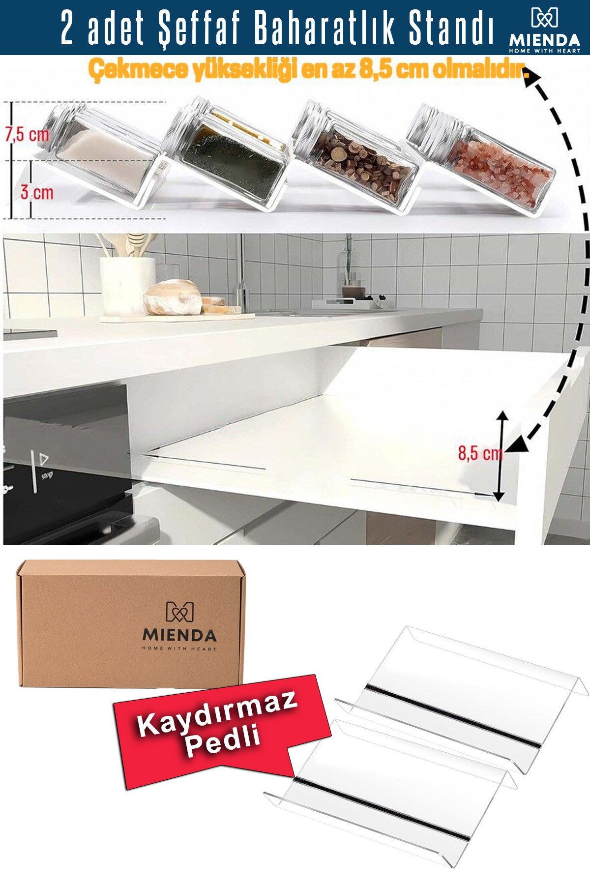 2 ADET Kaydırmaz Pedli Şeffaf Baharatlık Standı - 27x13 Cm Ebatlı Düzenleyici Organizer - Mhydkplx2