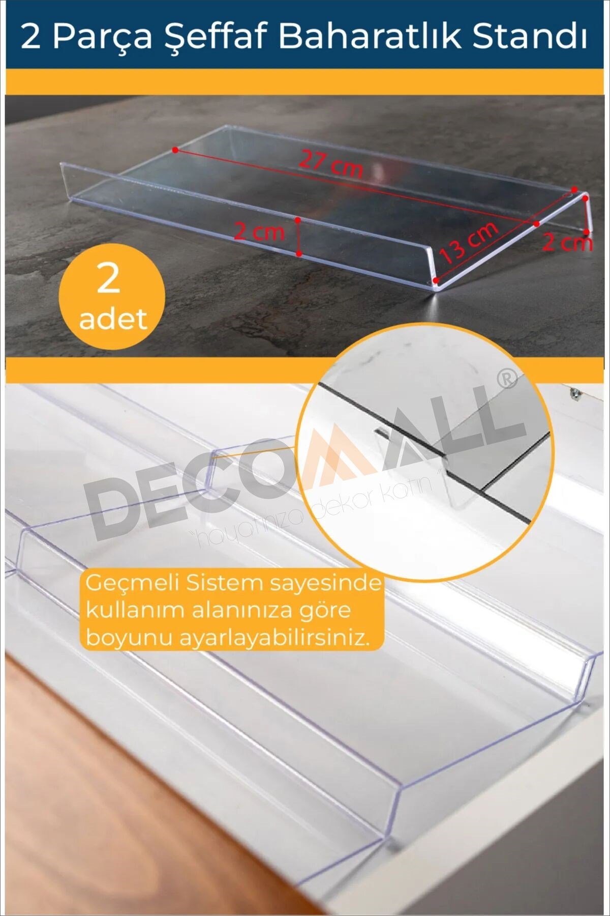 2 Adet Pleksi Şeffaf Stand Baharatlık Standı Çekmece Içi Düzenleyici Ayarlanabilir