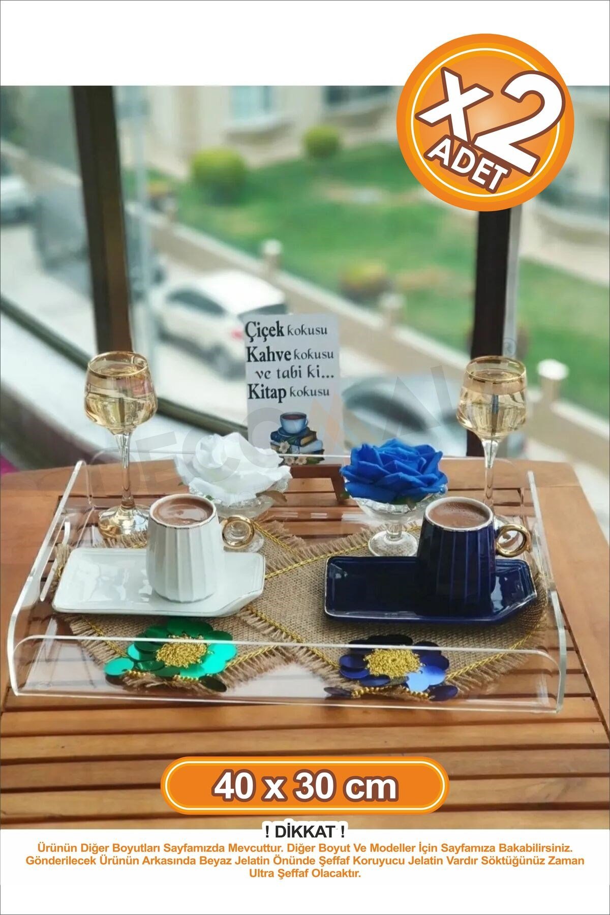 2'li Şeffaf Dekoratif Sunum Nişan Kahve Pleksi Tepsi 40x30 cm Büyük Boy