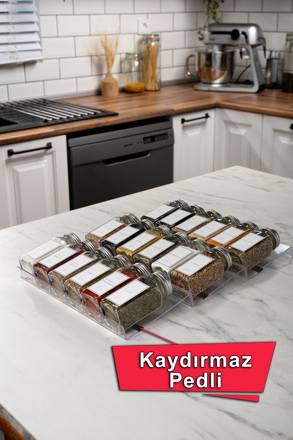 3 Adet Kaydırmaz Pedli Şeffaf Baharatlık Standı - 27x13 Cm Ebatlı Düzenleyici Organizer-mhydkplx3