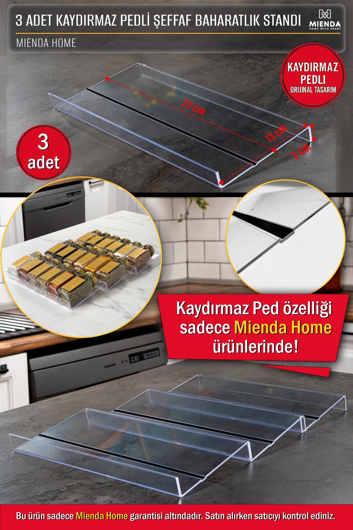 3 Adet Kaydırmaz Pedli Şeffaf Baharatlık Standı - 27x13 Cm Ebatlı Düzenleyici Organizer-mhydkplx3