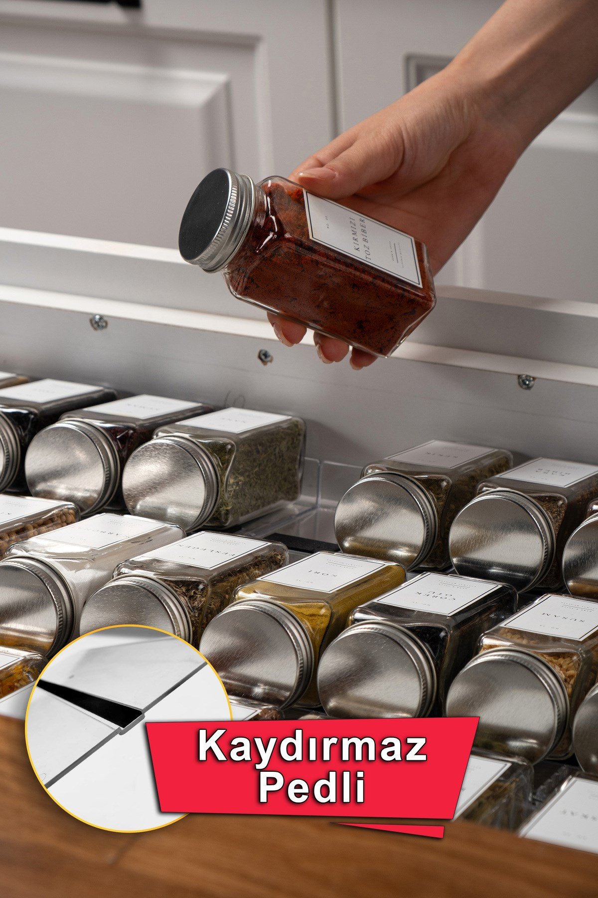 3 Adet Kaydırmaz Pedli Şeffaf Baharatlık Standı - 27x13 Cm Ebatlı Düzenleyici Organizer-mhydkplx3
