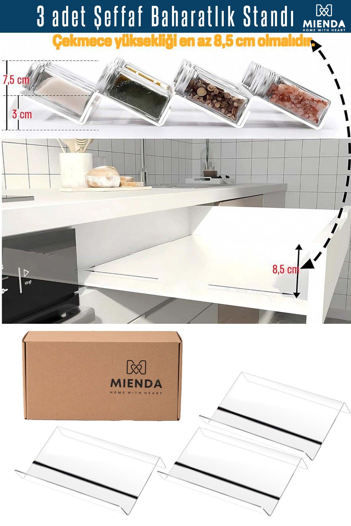 3 Adet Kaydırmaz Pedli Şeffaf Baharatlık Standı - 27x13 Cm Ebatlı Düzenleyici Organizer-mhydkplx3
