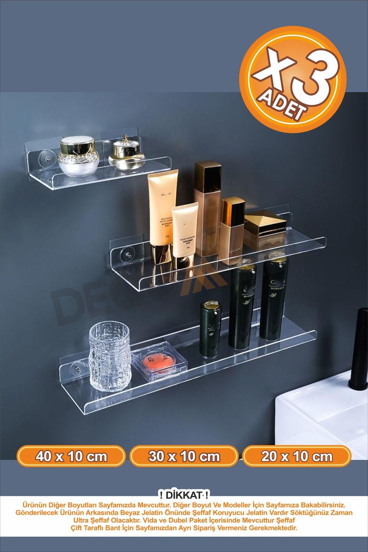 3lü Set 40x10 30x10 20x10 cm Banyo Duvar Rafı Banyo Düzenleyici Hayalet Şeffaf Raf Duvar Rafı